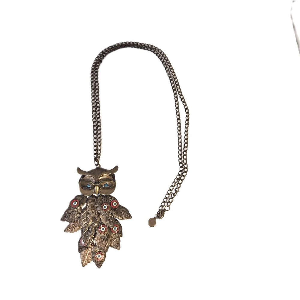 VTG Desigual Brass Owl Pendant Necklace with Crystal Eyes Boho Avian Librarian